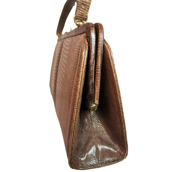 Vintage Palizzio Tegu Lizard Brown Rectangle Frame Closure 1960s Handbag - Picture 6 of 16